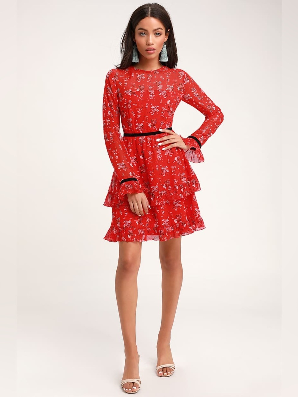 NWT Lulus Red Floral Pleated Tiered Long Sleeve Mini Dress Size S